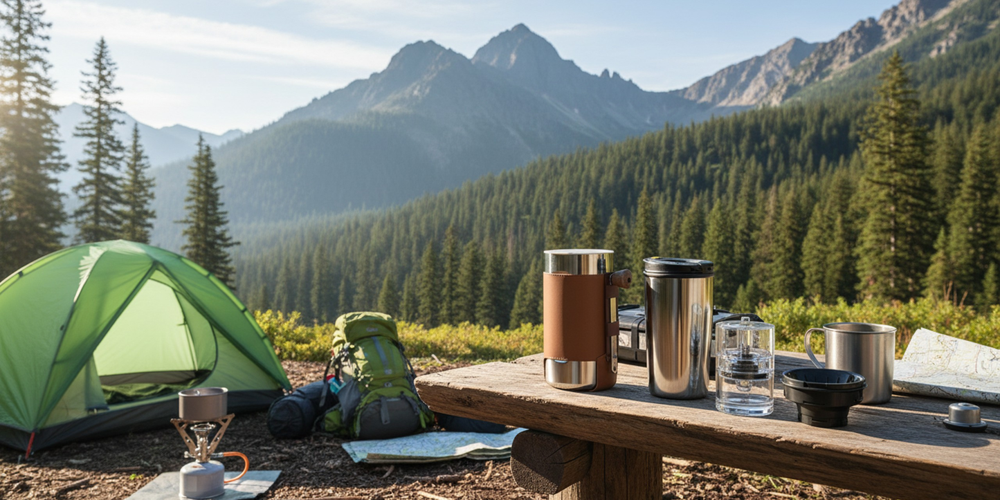 4-in-1 Portable Manual Pour Over Coffee Maker with Grinder – Travel & Camping Pour Over Set – All-in-One Portable Coffee Brewer Kit with Stainless Steel Kettle, Thermal Mug & Dripper