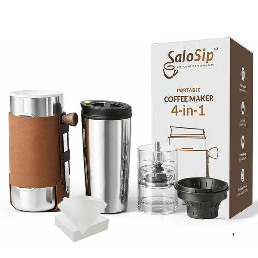 4-in-1 Portable Manual Pour Over Coffee Maker with Grinder – Travel & Camping Pour Over Set – All-in-One Portable Coffee Brewer Kit with Stainless Steel Kettle, Thermal Mug & Dripper