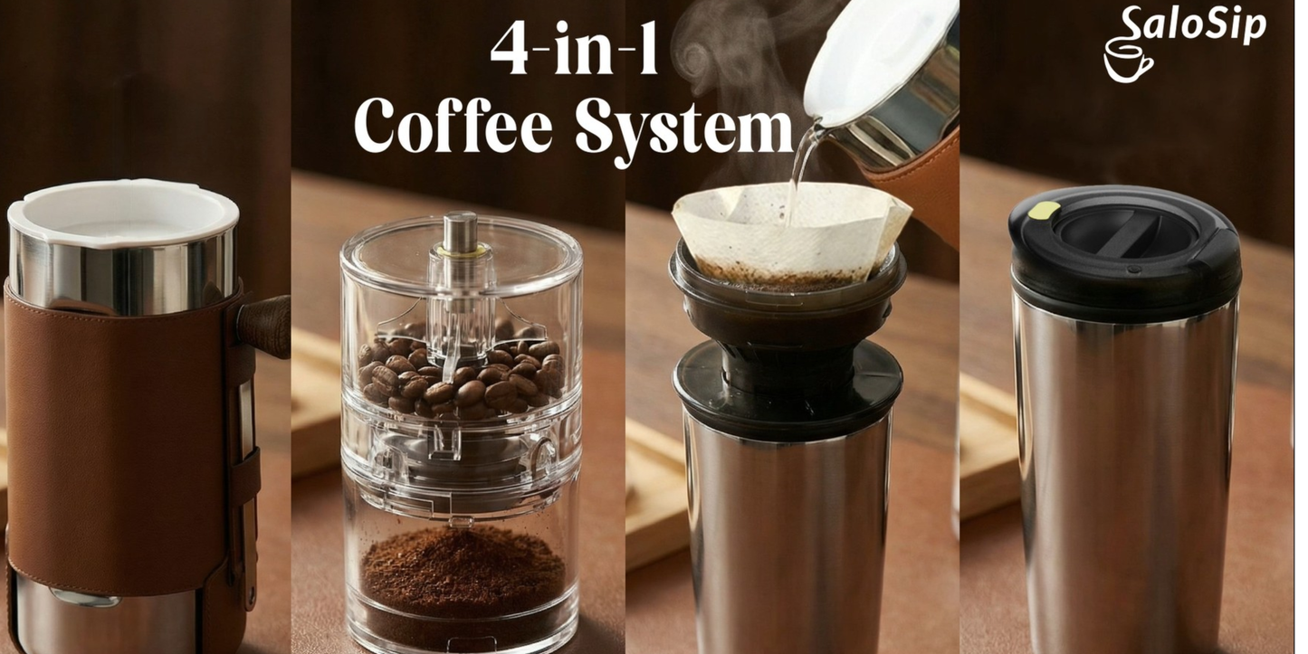 4-in-1 Portable Manual Pour Over Coffee Maker with Grinder – Travel & Camping Pour Over Set – All-in-One Portable Coffee Brewer Kit with Stainless Steel Kettle, Thermal Mug & Dripper