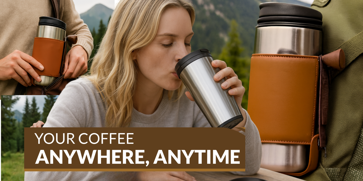 4-in-1 Portable Manual Pour Over Coffee Maker with Grinder – Travel & Camping Pour Over Set – All-in-One Portable Coffee Brewer Kit with Stainless Steel Kettle, Thermal Mug & Dripper