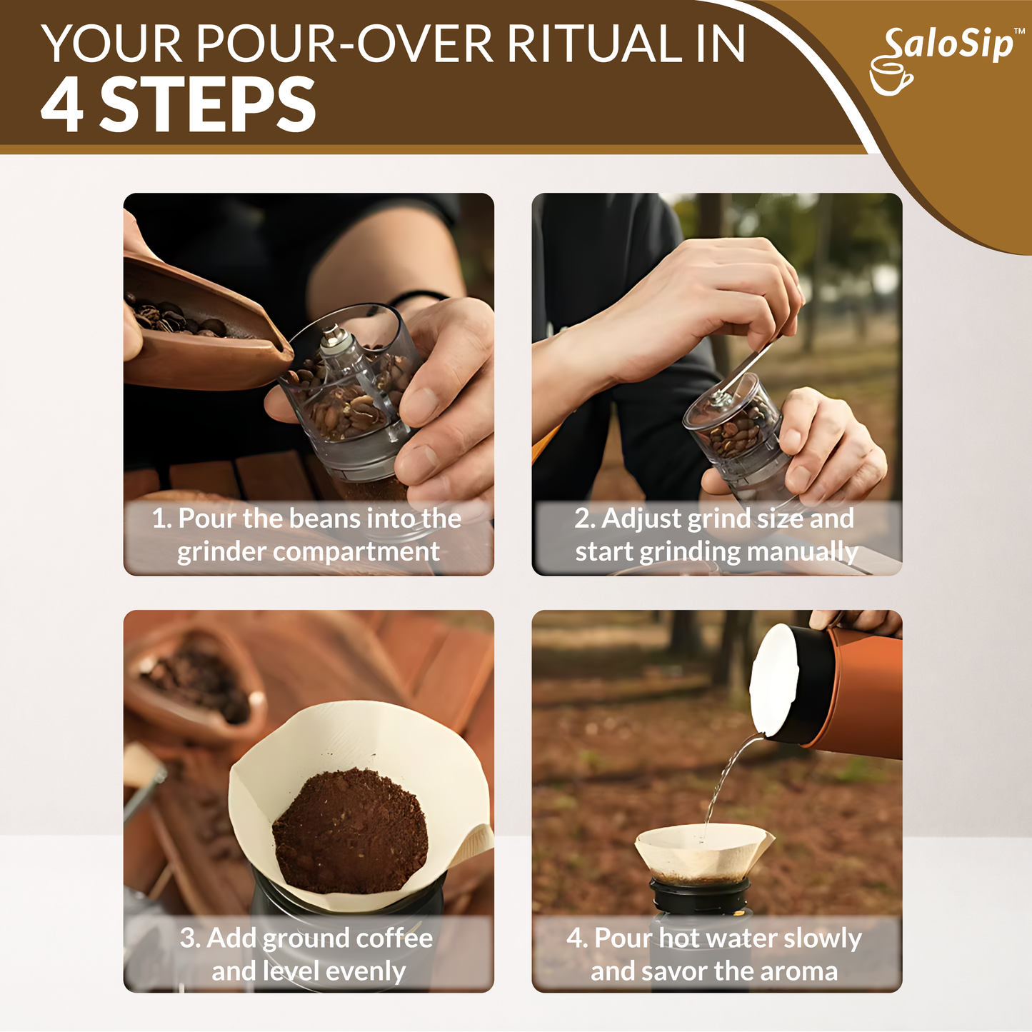 4-in-1 Portable Manual Pour Over Coffee Maker with Grinder – Travel & Camping Pour Over Set – All-in-One Portable Coffee Brewer Kit with Stainless Steel Kettle, Thermal Mug & Dripper