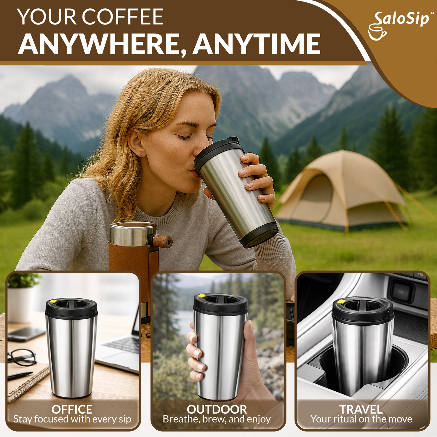 4-in-1 Portable Manual Pour Over Coffee Maker with Grinder – Travel & Camping Pour Over Set – All-in-One Portable Coffee Brewer Kit with Stainless Steel Kettle, Thermal Mug & Dripper