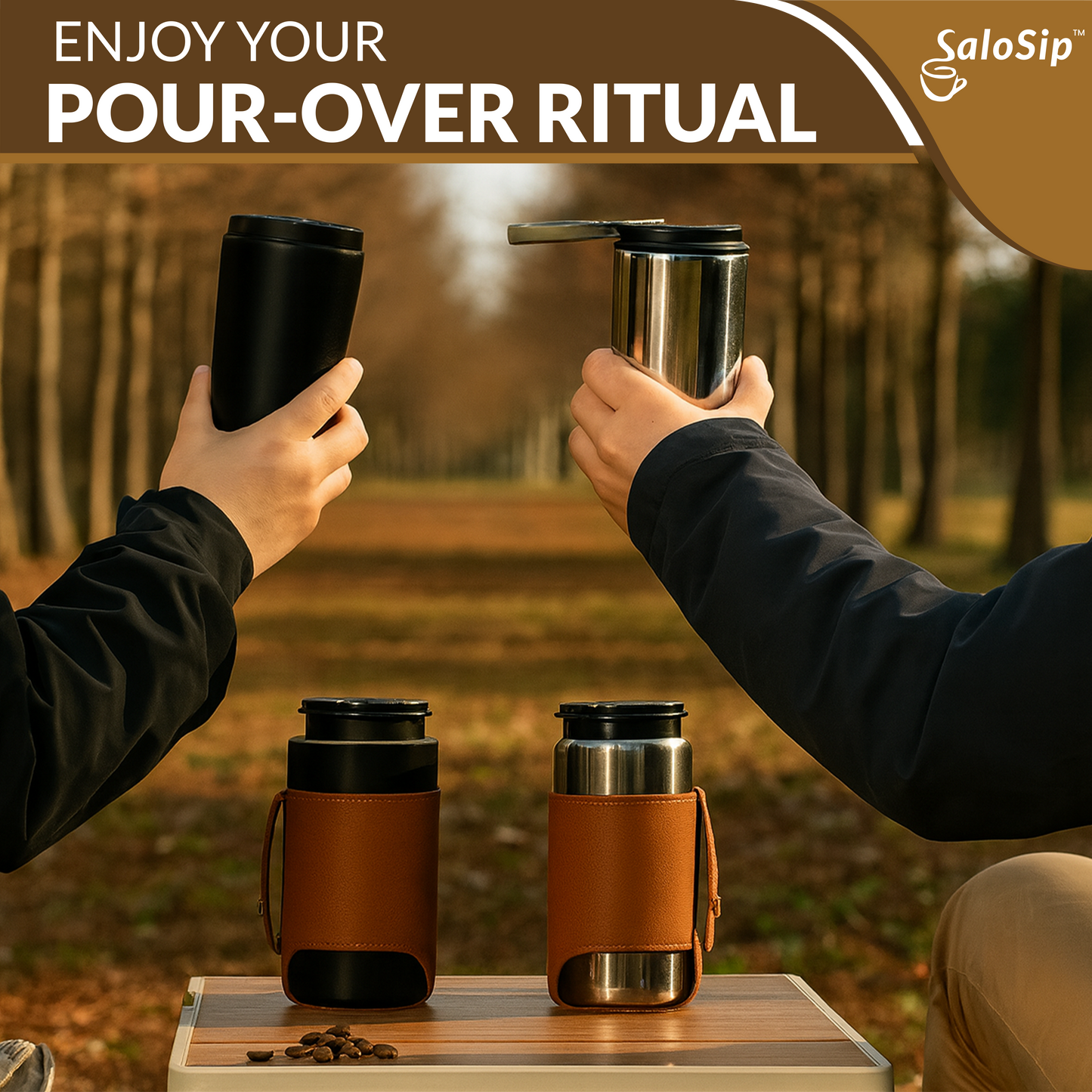 4-in-1 Portable Manual Pour Over Coffee Maker with Grinder – Travel & Camping Pour Over Set – All-in-One Portable Coffee Brewer Kit with Stainless Steel Kettle, Thermal Mug & Dripper